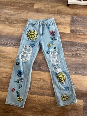 Y2K Hand Painted Style Jeans Sun Floral Distressed Denim Artsy Grunge Aesthetic